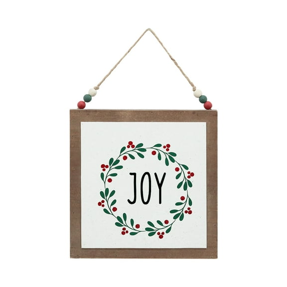 Parisloft Joy Rusitc Wood Wall Sign with Wood Bead String Hanger, Mini Christmas Wall Decor, 9.25"W