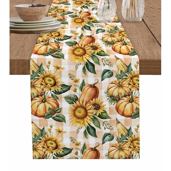 ERUNPONLY Sunflower Pumpkins Table Runner - 72 Inch Long Fall Botanical Leaves Orange Check Cotton and Linen Blended Dress Scarves Farmhouse Table Runner for Kitchen Dining, Coffee Table, 14"x72"