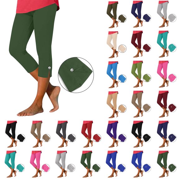 BiZtdJrK Casual Leggings for Women Elastic Waisted Yoga Capri Pants with Button Detail Slit Hem Fashion Summer Tight Capris Black M