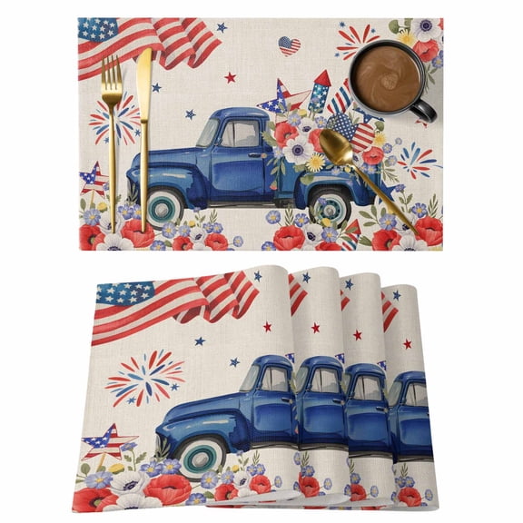 4th of July Placemats Set of 12, Blue Truck American Flag Firework Flowers Placemats for Dining Table, Place Mats for Kitchen Tabletop, Waterproof Wipeable Dining Table Mats Set