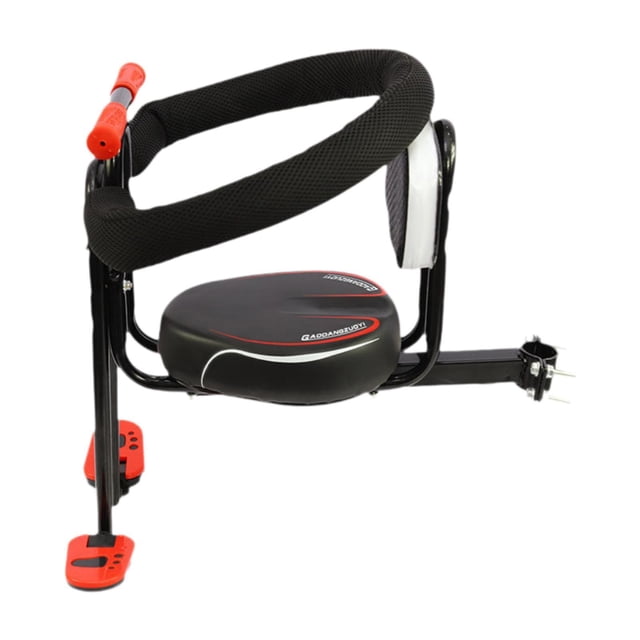 asiento de bicicleta para niños con pedales, portátil, desmontable y con respaldo y reposabrazos. Asiento infantil desmontable de metal negro con cojín redondeado acolchado rojo y negro, respaldo tubular forrado en malla negra y reposabrazos integrados; barra de montaje frontal ajustable y estribos plegables rojos. Adecuado también como accesorio de ciclismo para transportar pequeñas compras o juguetes durante paseos.