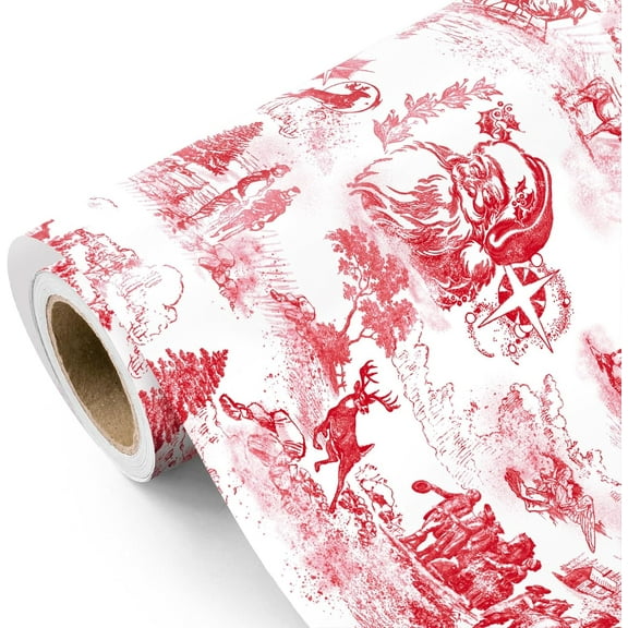 Toile Vintage Christmas Wrapping Paper - Mini Roll - 17 Inch x 16.5 Feet - Santa Toile de Jouy Red Christmas Wrapping Paper for Xmas Holiday, Party Celebration