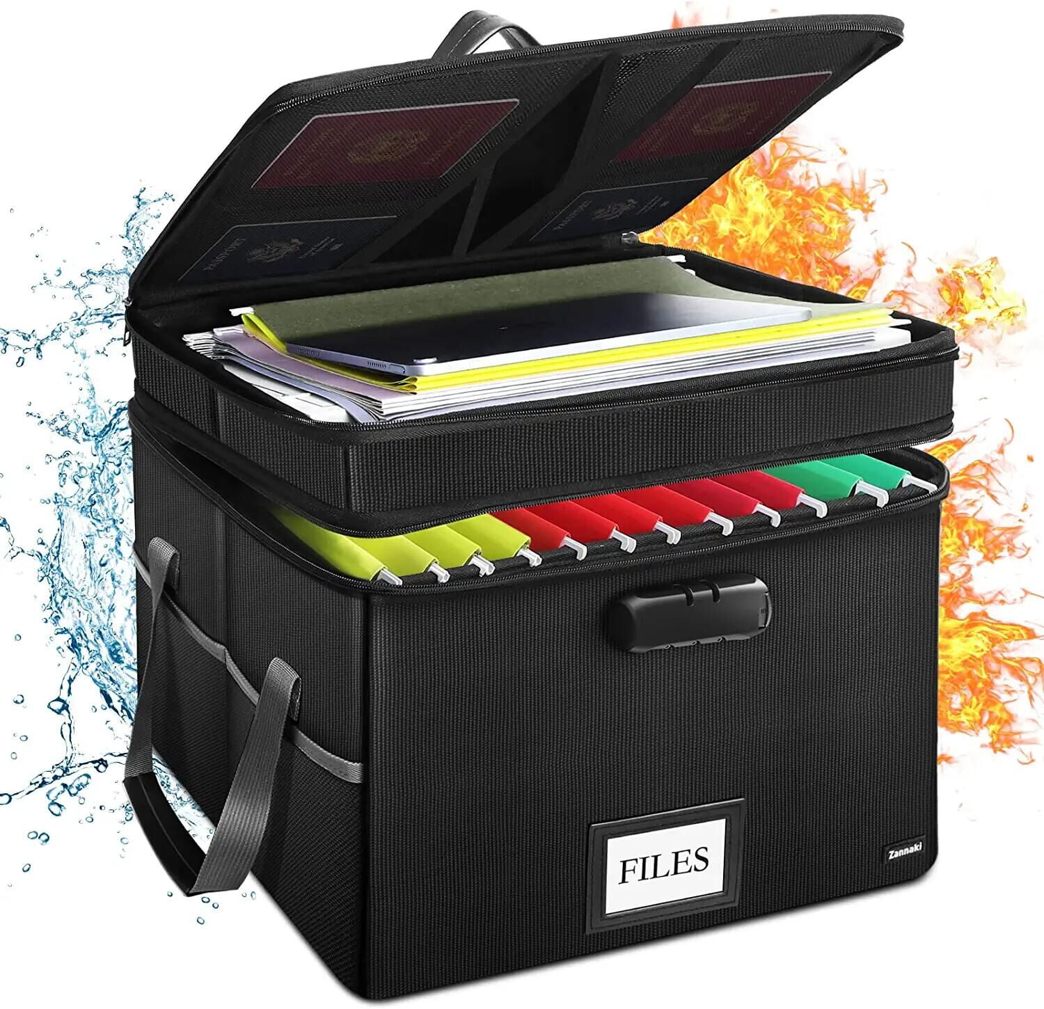File Box with Lock, 2Layer Fireproof Document Box with MultiPockets, Wider Zipper, 3 Handles