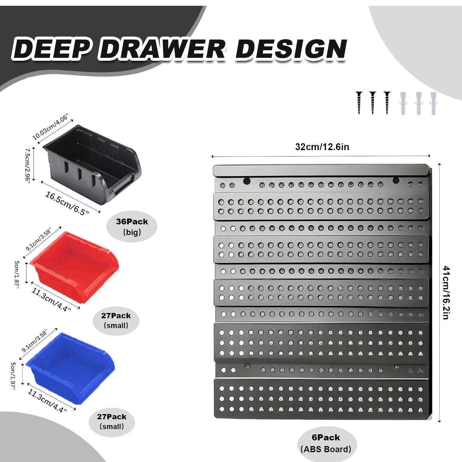 Extra Large 90PCS Wall Mounted Storage Bins Organizer, Plastic Screw & Bolt Storage Rack with Pegboard, Nut & Hardware Organizer for Garage, Workshop, Craft Room (Red & Black& BLue)