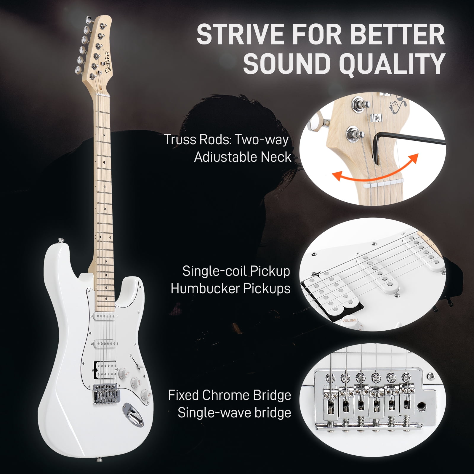 GST 6 String H-S-S Pickup Electric Guitar Kit Right Handed with 20W Amp, Carry Bag, Tremolo Arm, Guitar Strap, Wrench Tool (White)