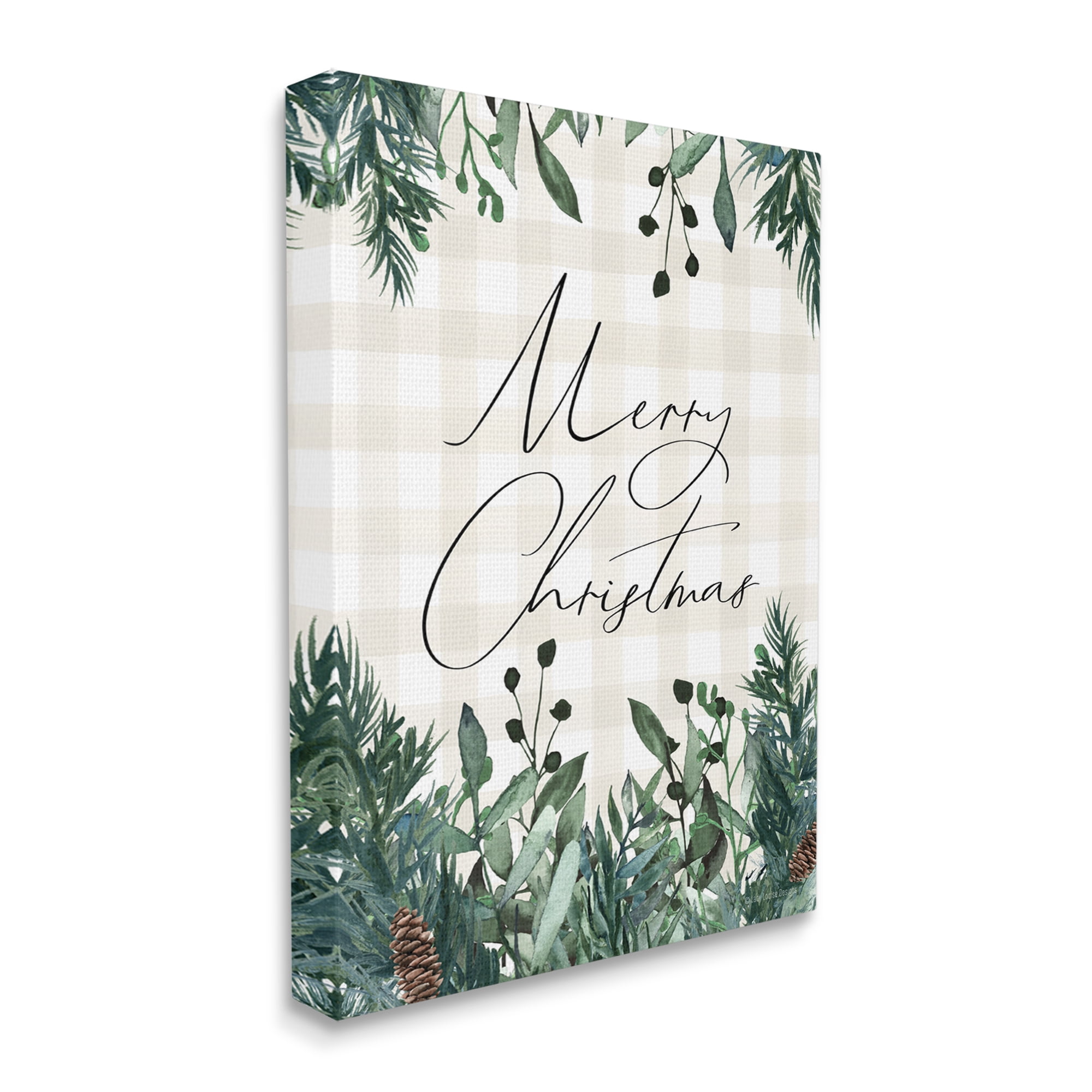 Merry Christmas Script Gingham Pinecone Botanicals Border Botanical & Floral Graphic Art Gallery-Wrapped Canvas Print Wall Art