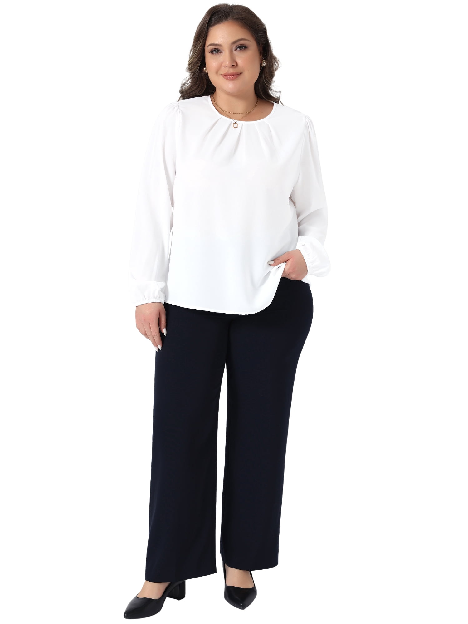 DARING DIVA Women's Plus Crew Neck Pleated Blouse 4X White