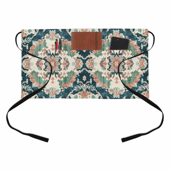 Vintage Abstract Flowers Kitchen Restaurant Half Waist Apron, Green Orange Blue Medieval National Style Server Short Apron with 3 Pockets Waterproof Oil Waist Aprons for Women Waitress Waiter