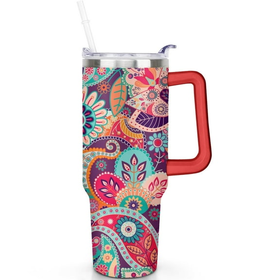 Vacuum Insulated 40oz Paisley Stainless Steel Travel Tumbler with Handle, Leak Proof Flip Straw Lid Mug Gift for Him Her