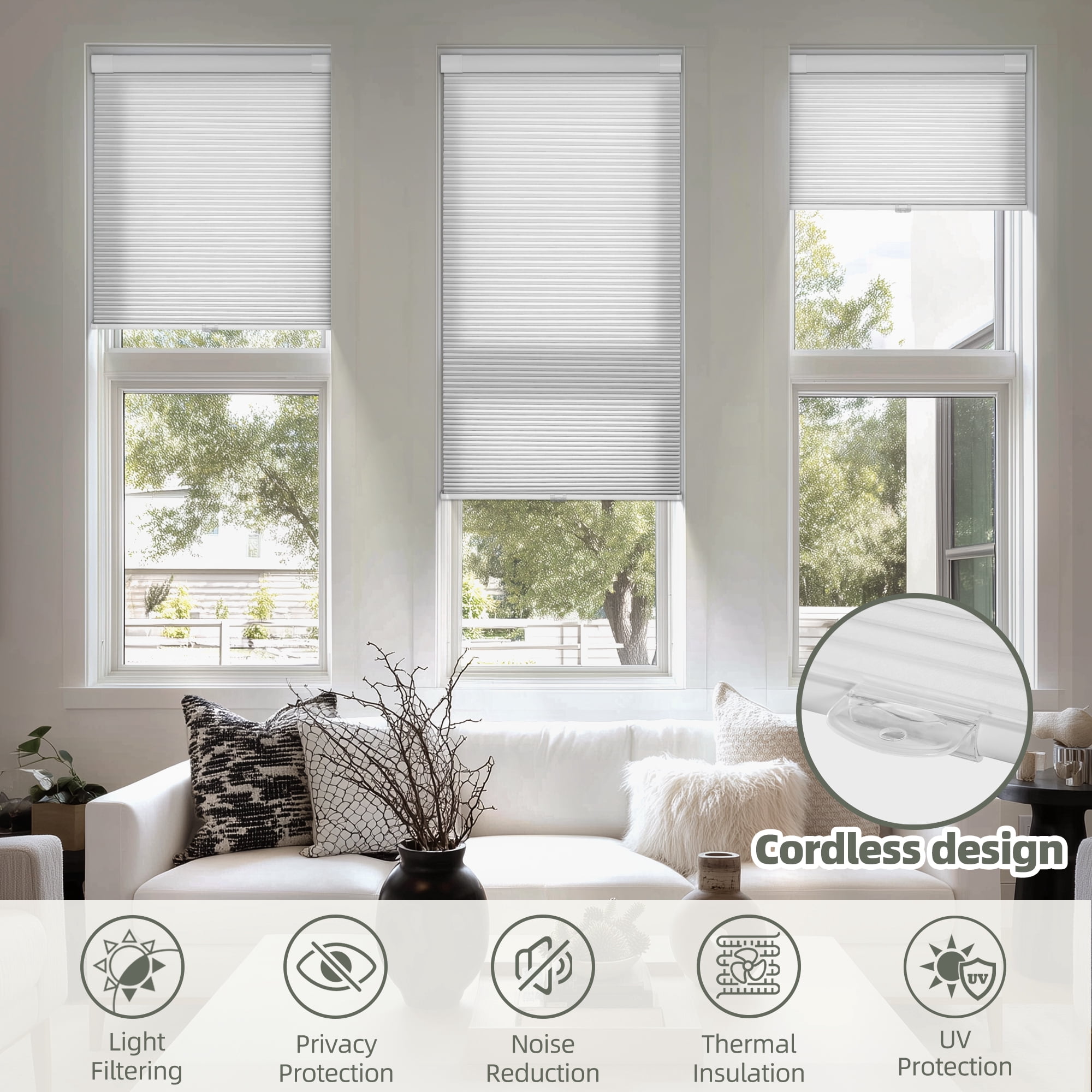 BERISSA Cordless No Drill No Tools Cellular Shades, Light Filtering Pull Down Window Blinds,White,34" W x 72" H