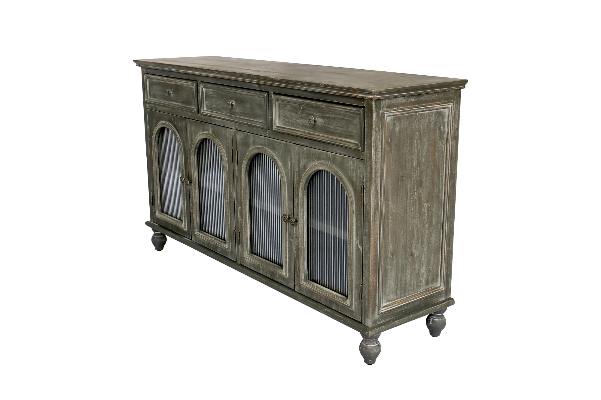 AENKYO 59" Farmhouse Sideboard Buffet, Distressed Wood Credenza with 3 Drawers & 4 Fluted Glass Doors, Gray