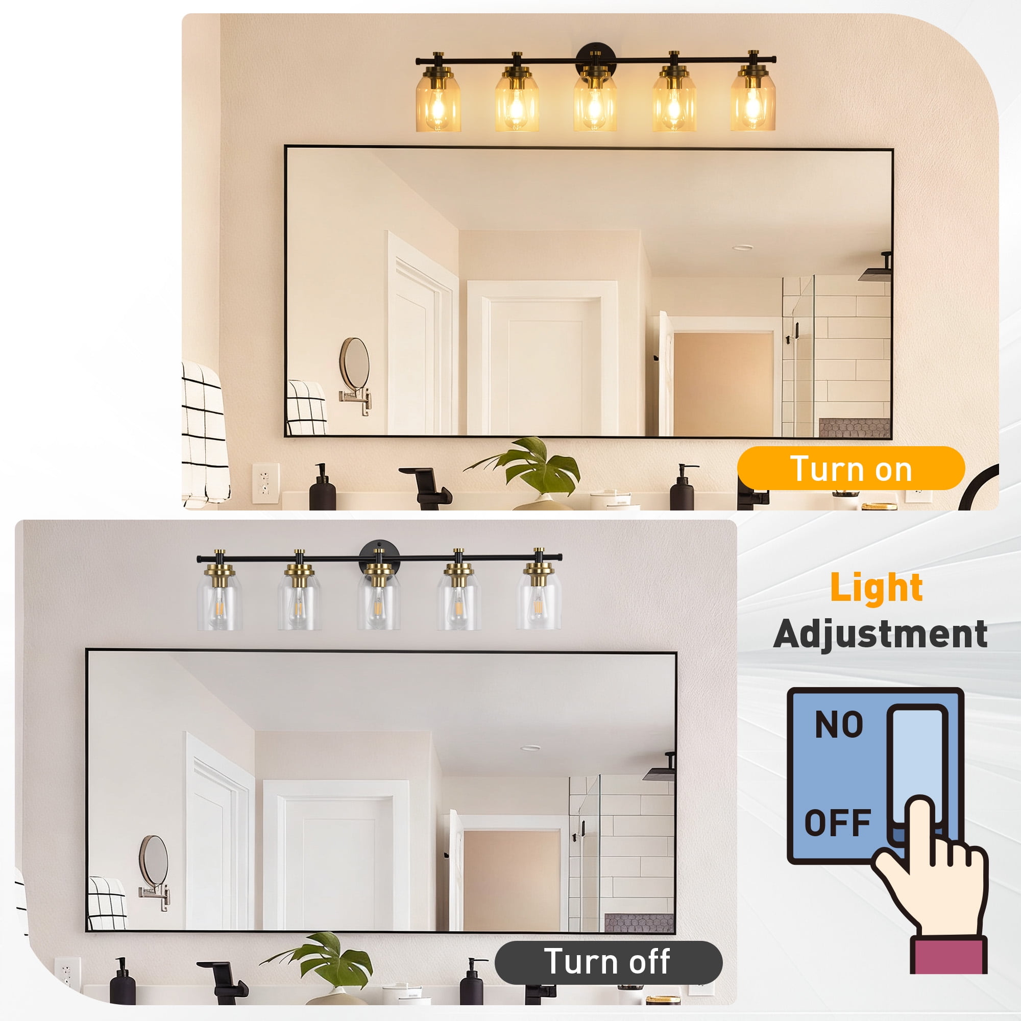 Black and Gold Bathroom Vanity Light - 5-Light Vintage Fixture with Clear Glass Shades