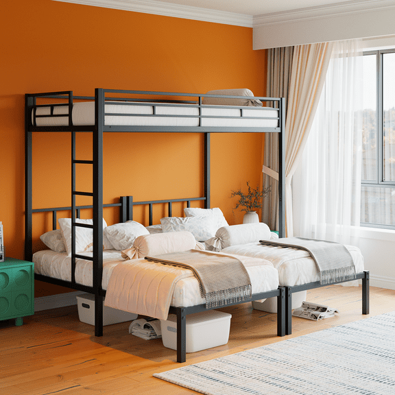 Twin Over Twin Over Twin Bunk Bed, Metal Triple Twin Bed with Safety Guardrails and Ladder, Convertible 3 Beds, for Dorm,Guest Room