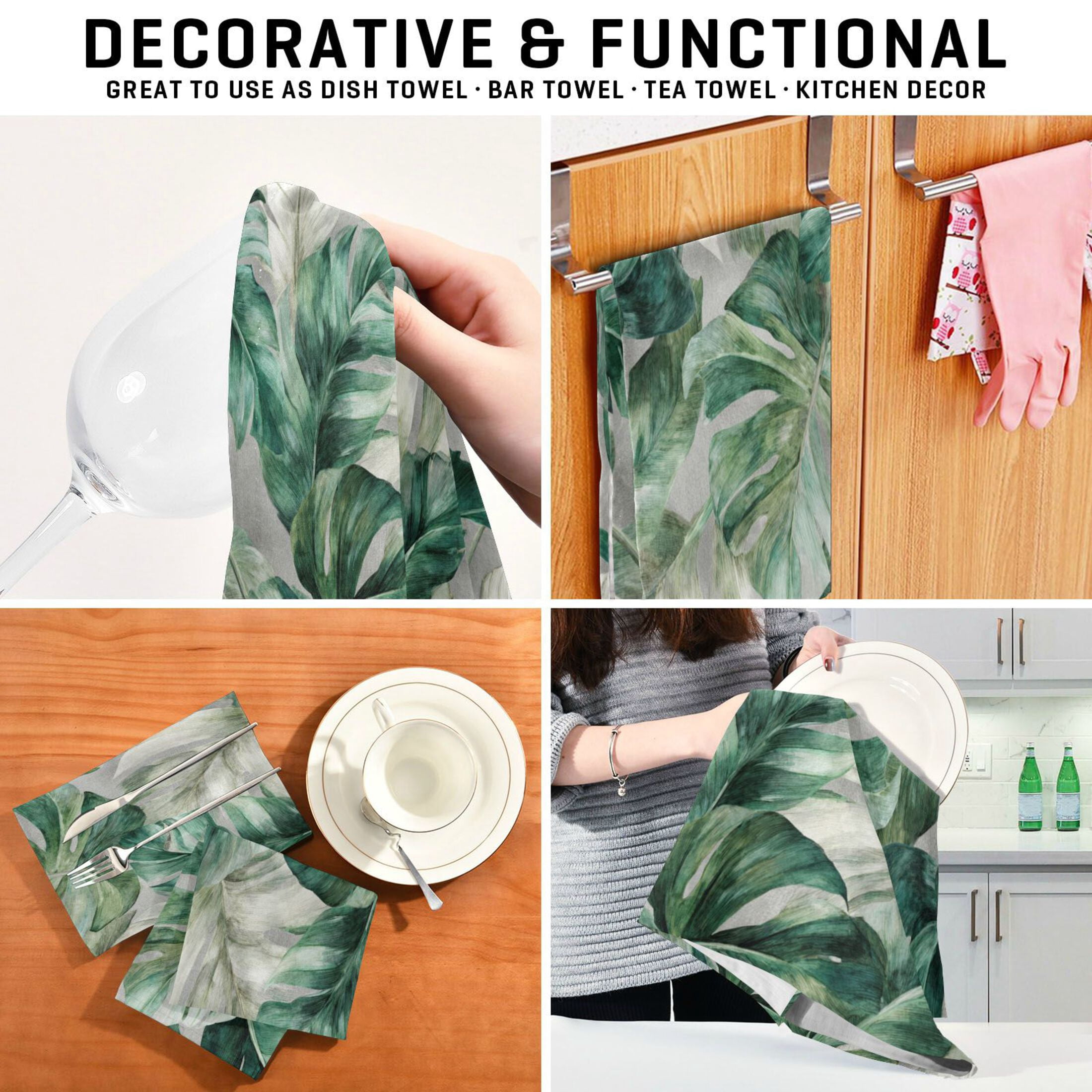 Qxltty Tropical Leaves Kitchen Towels 28 x 18 Inch Set of 6 Soft Cotton Linen Feel Dish Towels with Hanging Loop for Drying, Cleaning & Decor