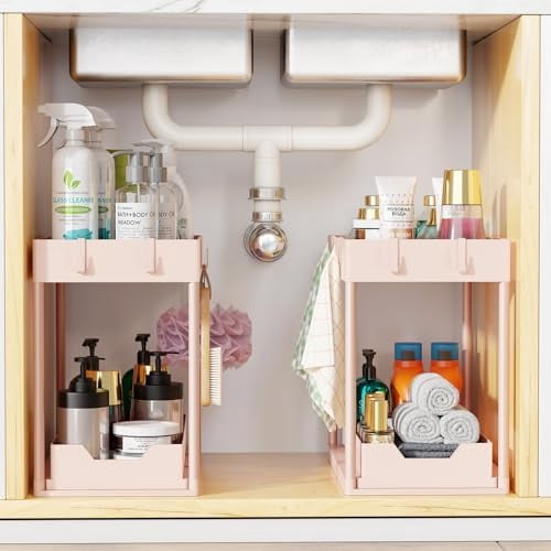Under Sink Organizer 2 Pack, Sink Pull-Out Sliding Storage Cabinet, 2-Tier Under Shelf Organizer for Kitchen Bathroom, Pink