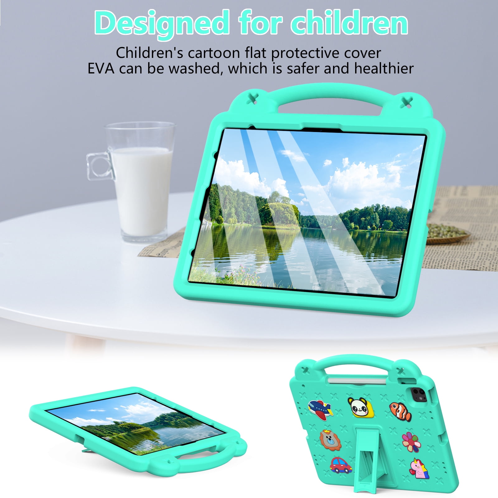 Nalacover Cartoon Handle Case for Apple iPad Air 11 inch 2024 Case, EVA Foam Cute Pattern with Pencil Holder Kickstand Cute Shockproof PC Case for iPad Pro 11 inch 2024, Mintgreen
