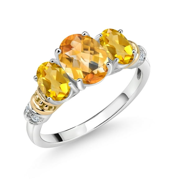 Gem Stone King 925 Sterling Silver and 10K Yellow Gold Oval Yellow Citrine and White Diamond 3 Stone Ring for Women (2.18 Cttw, Gemstone November Birthstone, Size 6)