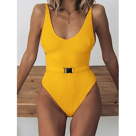 2024 New Sexy V-Neck Ribbed One Piece Swimsuit for Women Belt Swimwear Female Bodysuit Monokini Backless Bathing Suit Beachwear (Yellow S)