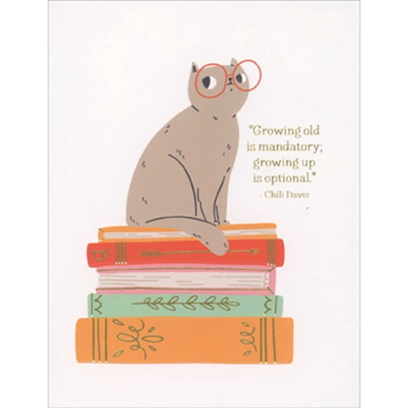 Pictura Cat Wearing Red Glasses on Colorful Book Stack Petite Birthday Card