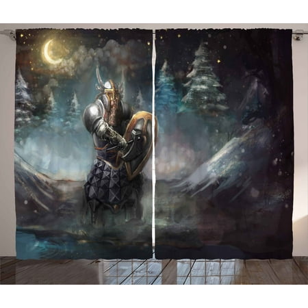 Fantasy Curtains 2 Panels Set, Medival Dwarf Knight in Gothic Shield at Battle Place Winter Illustration, Window Drapes for Living Room Bedroom, 108W X 84L Inches, Grey Light Blue Gold, by (Best Place To Use Dwarf Cannon)