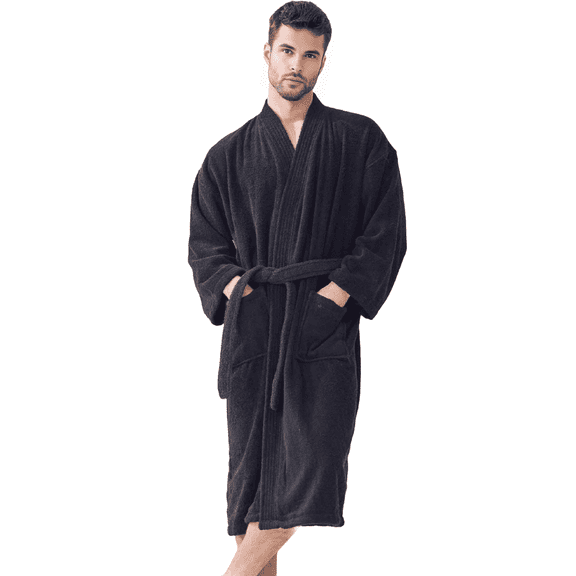 Elegani Soft Terry Cotton Kimono Robe for Men - Unisex Luxury Bathrobe for Everyday Comfort (Black) XXLarge