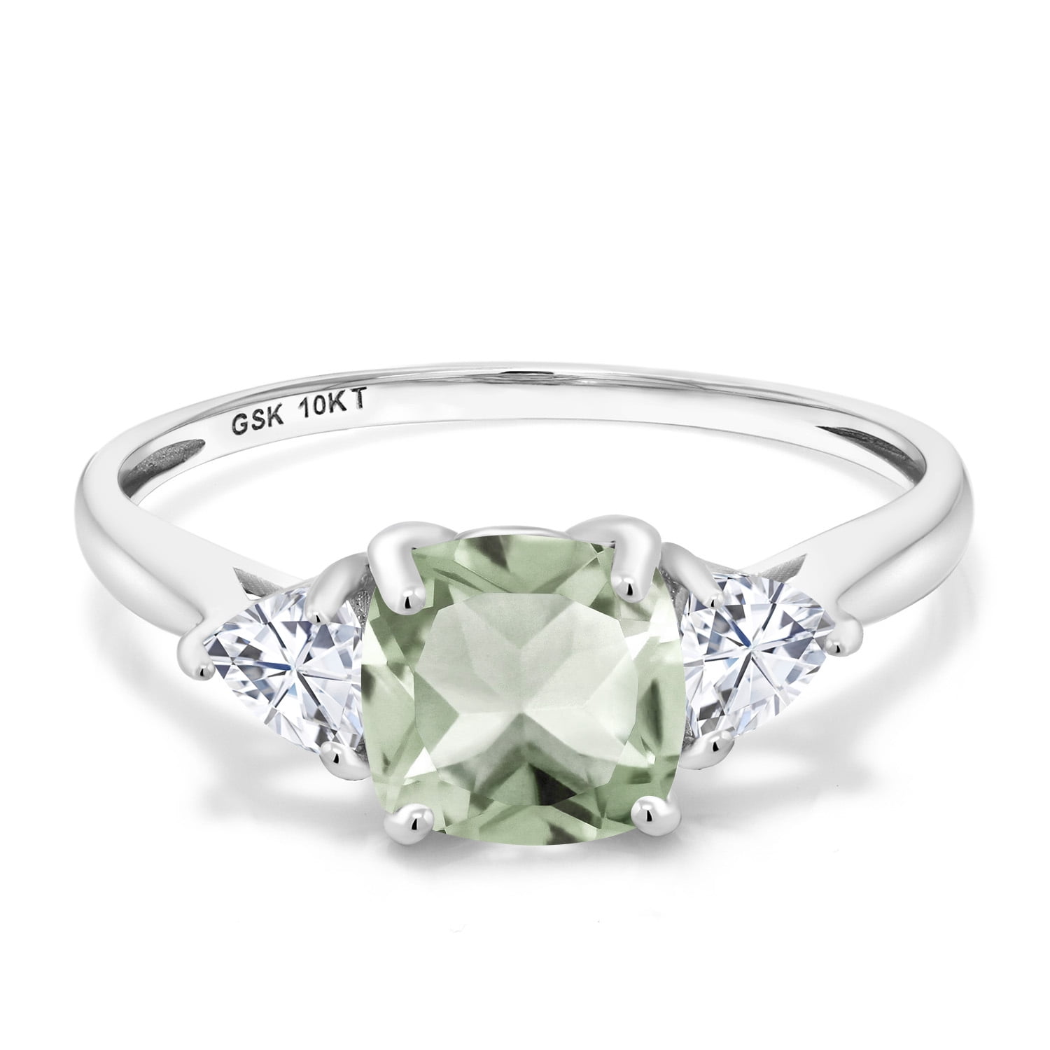 Gem Stone King 10K White Gold Green Prasiolite and White Moissanite 3-Stone Engagement Ring for Women (1.86 Cttw, 7MM Cushion and 4MM Trillion, Size 7)