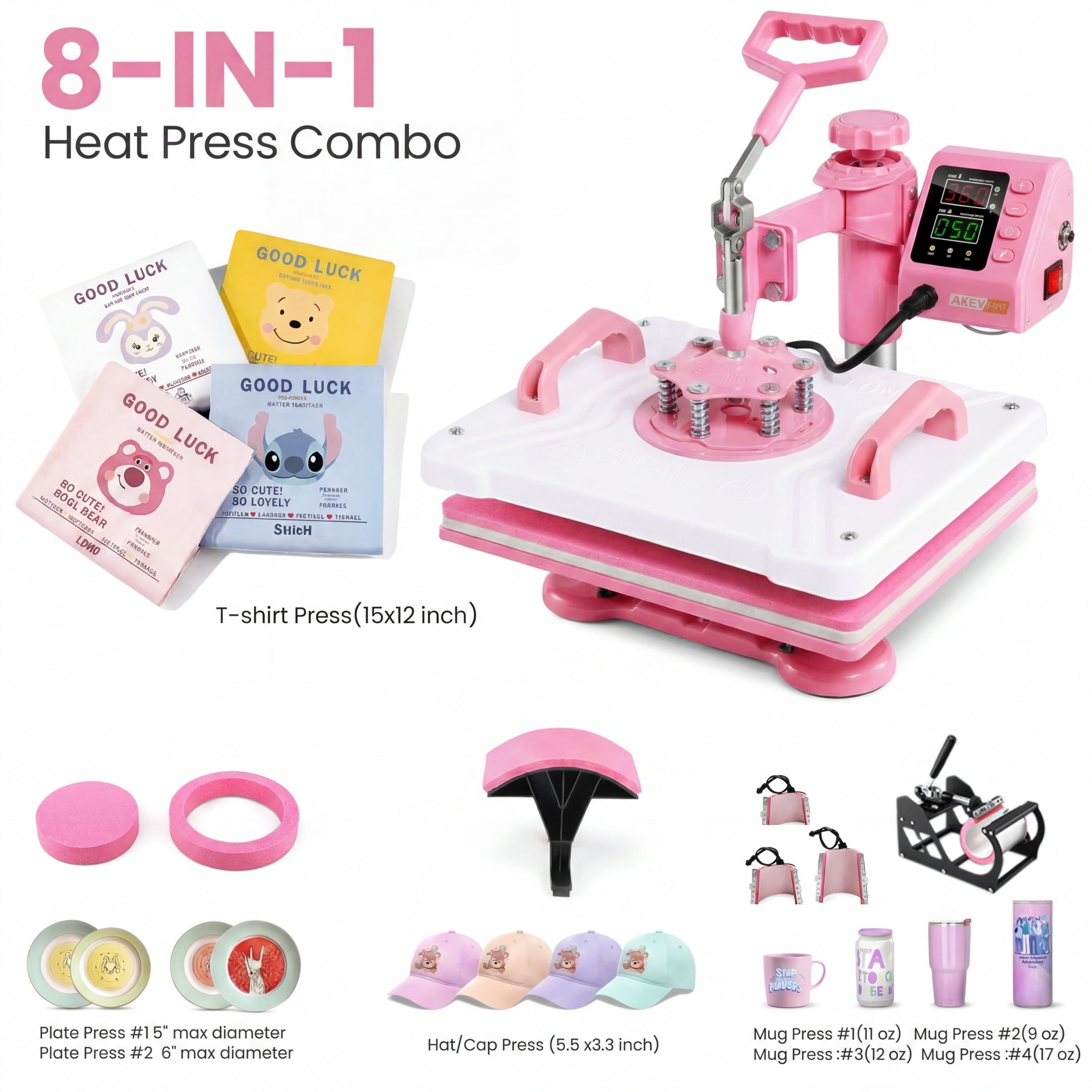 Adnoom Heat Press Machine 12x15 8 in 1 Combo, 900W Digital Heat Press 360° Swing Away, Sublimation Heat Transfer Machine for Tshirt Plate Cap Mug, Pink
