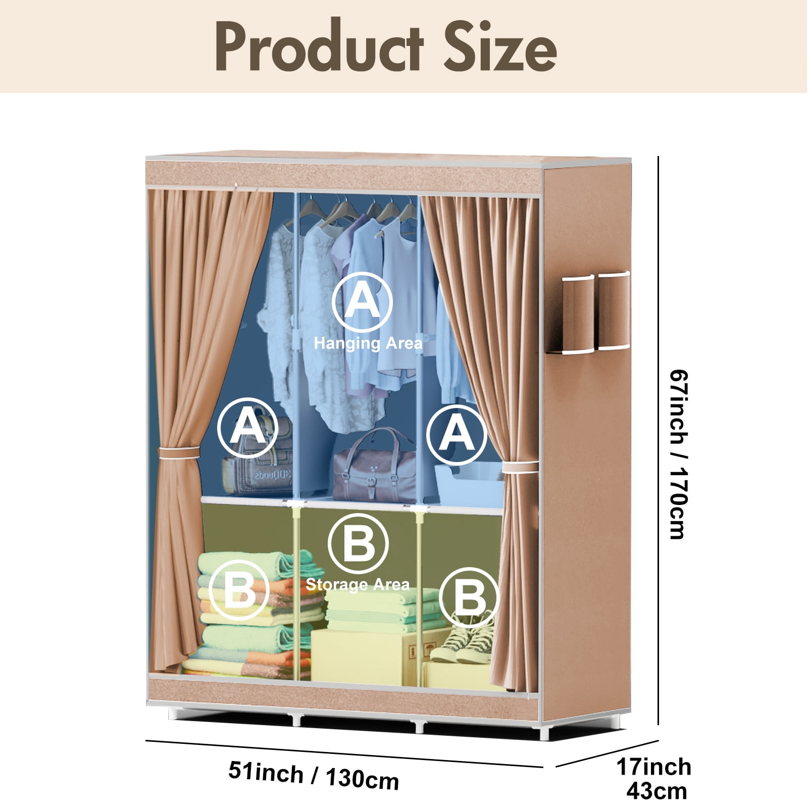 Non-Woven Fabric Closet Organizers and Storage with Cover, Portable Wardrobe Closet Storage, Dustproof Clothing Rack Shelf, Beige