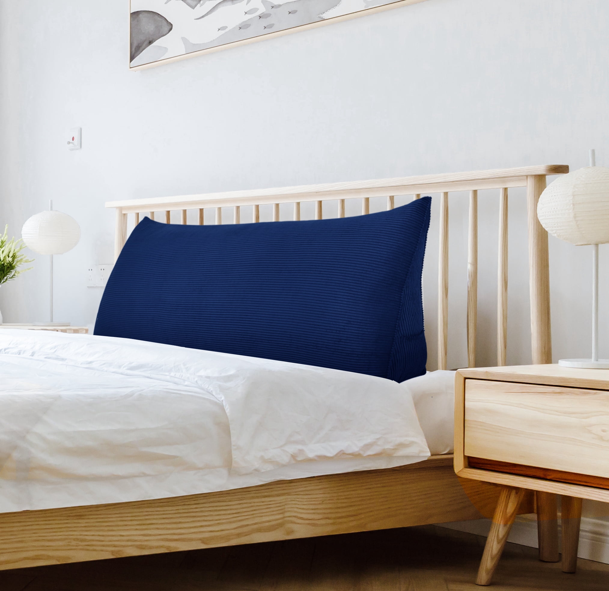 WOWMAX Large Reading Bed Wedge Pillow , Triangular Upholstered Headboard, Backrest Back Support for Sitting Up in Bed With Removable Corduroy Deep Blue Cover, Queen