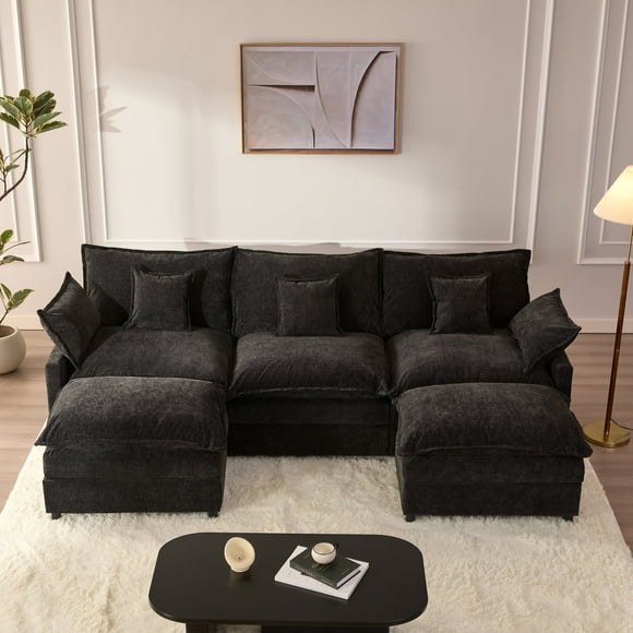 Bigsyy Canapé d'Angle 3 Places, de Style Nuage Confortable, Siège Profond, Convertible en Lit avec Coussins Décoratifs. Idéal pour les Salons Occupés par des Adultes, Design Moderne, Chenille Douce, Noir.
