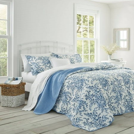 Laura Ashley 3-piece Bedford Blue Reversible Quilt Set