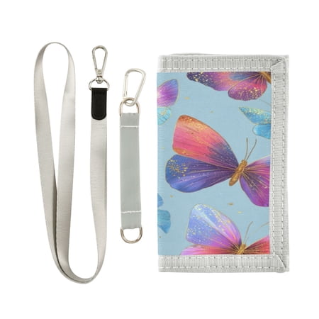 Nylon Fabric Wallet Compact Bifold With Zipper Coin Pocket Card Slots And Detachable Keychain Lanyard Colorful Butterflies