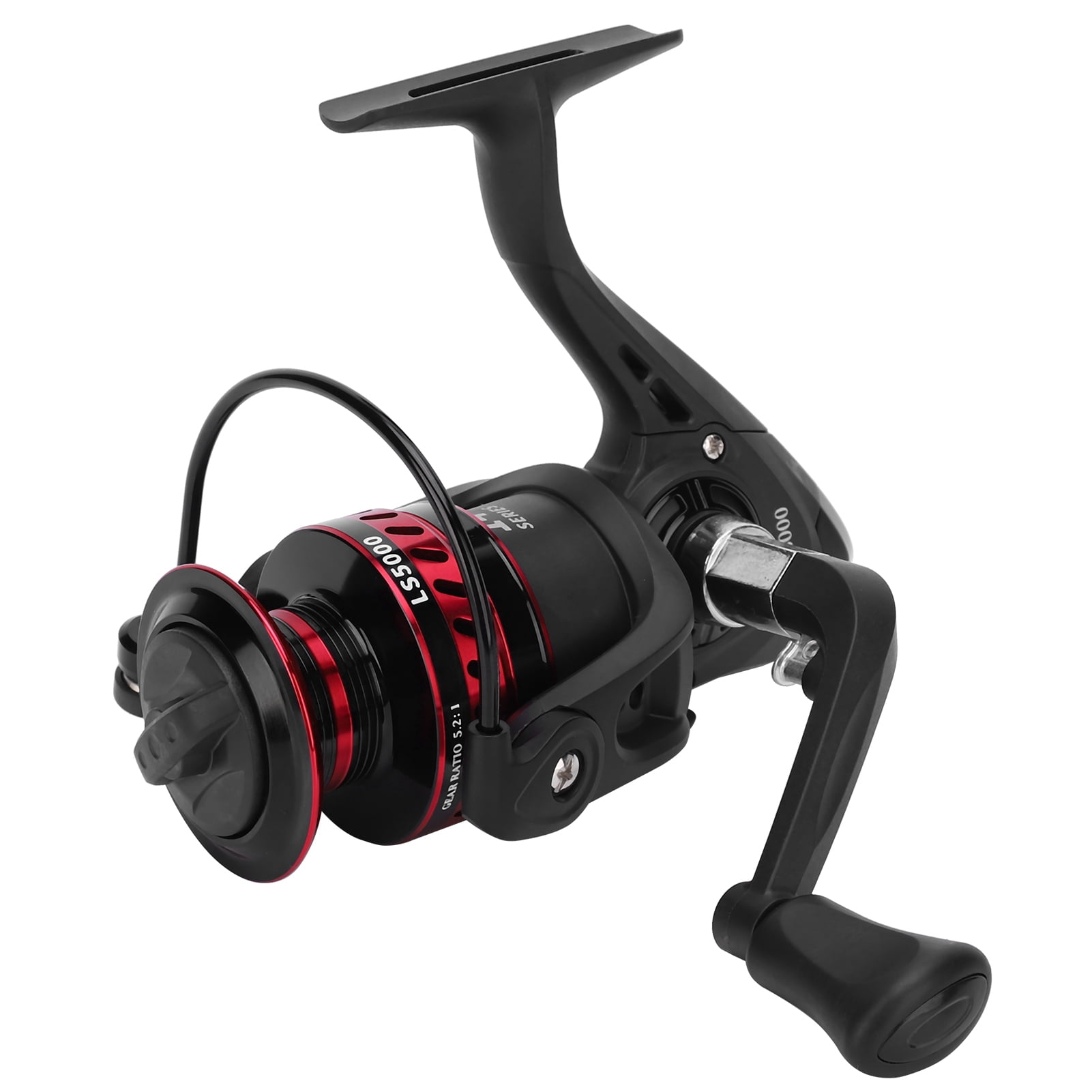 YAHHU Portable Metal Sea Rod Spinning Fishing Line Reel Rocking Raft Accessory LS5000 Red Black with 5.2:1 Gear Ratio for Saltwater Freshwater Fishing Ambidextrous Retrieve (5.12 inches / 13 cm)