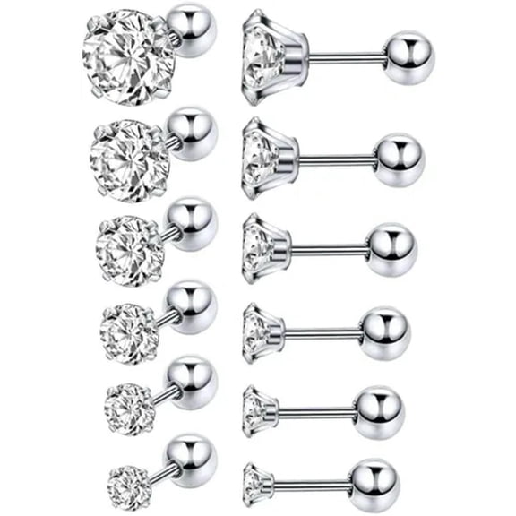 QQTDFG 6 Pairs Round Cubic Zirconia Stainless Steel Stud Earrings Helix Conch Piercings-Silver-Ball Back