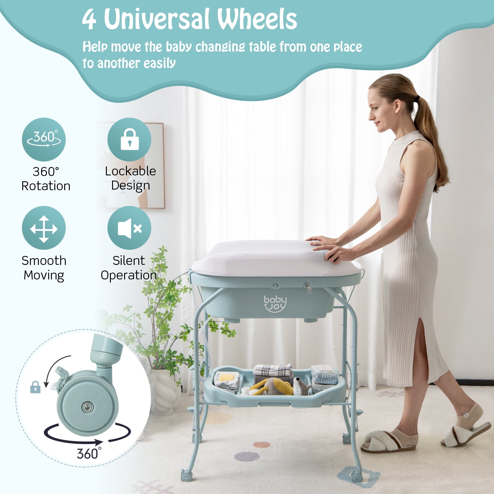 Infans Baby Changing Table w/Bathtub, Folding & Portable Diaper Station w/Wheels Blue