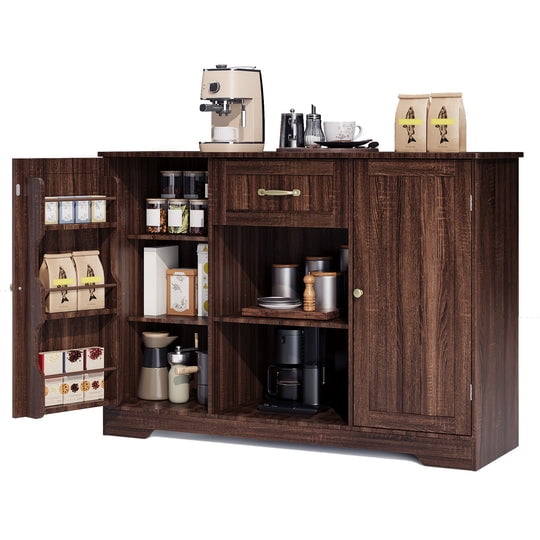 Coffee Bar, Aiho 45" Kitchen Storage Cabinet, Sideboard Buffet Cabinet with 14 Shelves, 1 Drawer - Brown