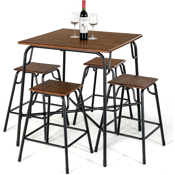 Favory 5-Piece Bar Table Set Industrial Counter Height Square Table with 4-Piece Classic Backless Stools Space-Saving Vintage Dining Table Set for Apartment Breakfast Nook Easy Assembly Rustic Brown