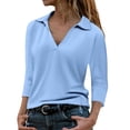 thumbnail image 2 of Womens Tops Casual Fashion Solid Color 3/4 Sleeve V-Neck Lapel Comfortable Pullover Top Womens Summer Tops oversized tshirts for women Green Polyester M, 2 of 5