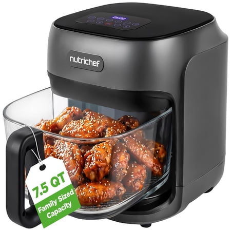 NutriChef 7.5 Quart Family Size Air Fryer – Glass Fry Bowl with 360° Air Circulation & 6 Preset Cooking Modes for Fries, Chicken, Seafood & More (Gray)