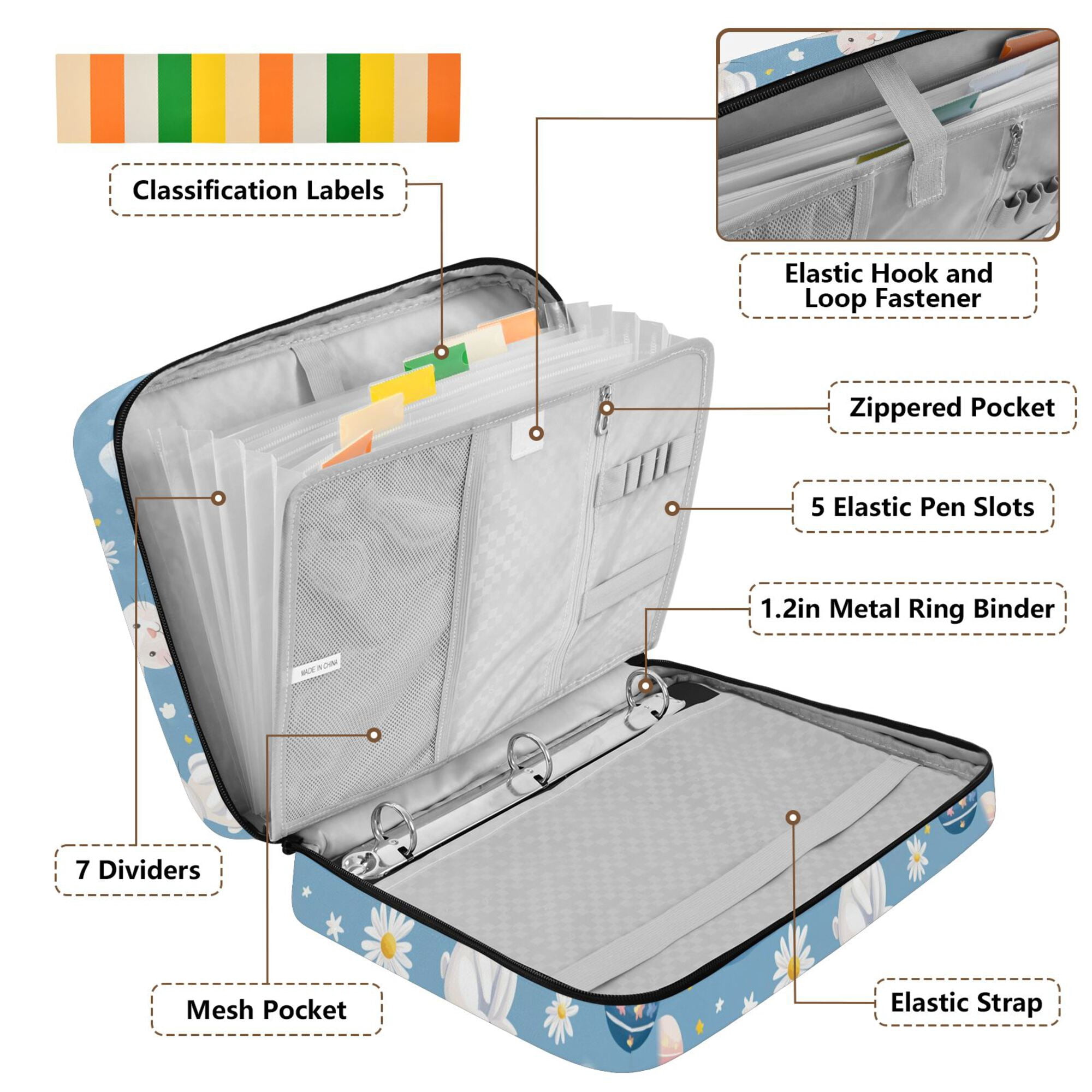 FORMRS Accordion File Folder A4 Size 7-Pocket Expanding Document Organizer Bag with 3 Ring Binder, Cartoon Easter Bunnies