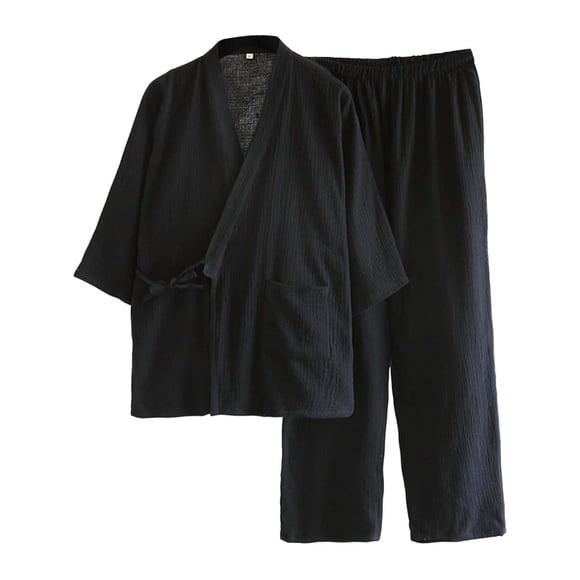 Men’s Japanese Kimono-Style Loungewear Set in Washed Crepe for Autumn Winter Comfort Relaxed Fit Pajama Set for Everyday Homewear
