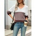 thumbnail image 6 of Womens 2025 Fall Casual Long Sleeve Ribbed Knit V Neck Light-Weight Crochet Pullover Sweater Brown Gray XXL, 6 of 7