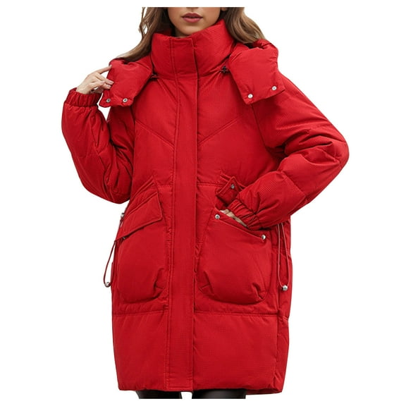 dazeni Women's Thickened Winter Down Coat Hooded and Smock Neck Puffer Long Jacket with Pockets Mid Length Fleece Outwear Coat