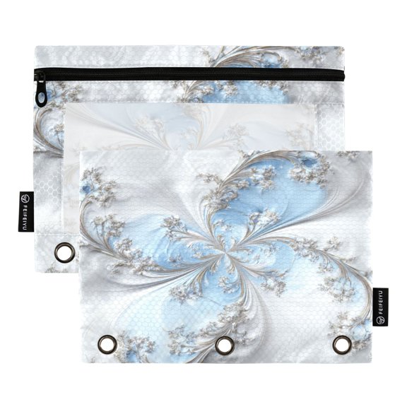 2 Pack 3 Ring Binder Pouch with Clear PVC Window Water Resistant Zipper Pencil Pouch Gentle White-blue Tones Binder Pocket for Classroom Office Home Stationery Organization