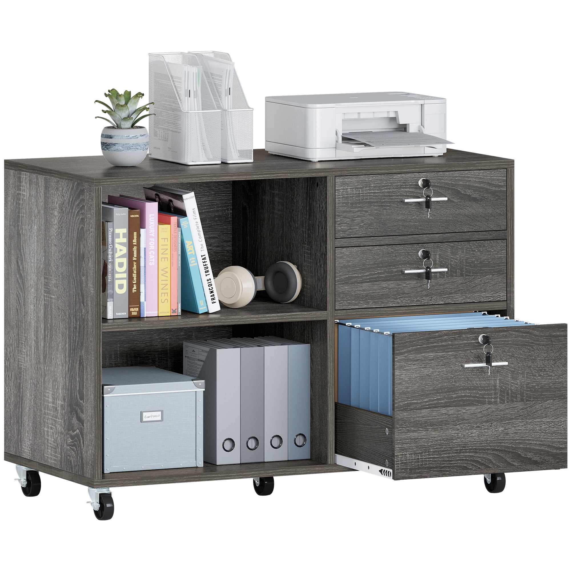 DEXTRUS 3-Drawer Wood File Cabinet with Lock, Mobile Lateral Filing Cabinet Rolling Printer Stand for Office, Grey
