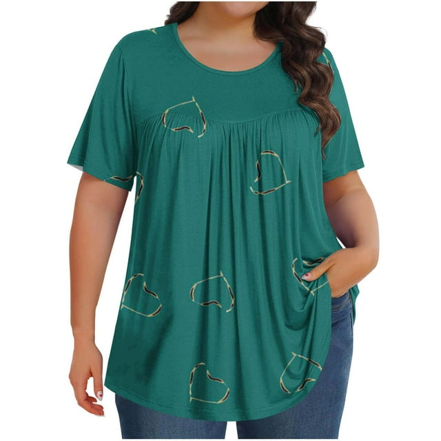 Plebaso Hauts pour Femmes Grande Taille Manches Courtes Blouses Plissées Décontractées Col Rond Été Tuniques Amples