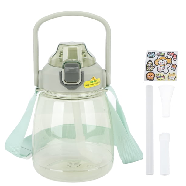 Botella de agua de 1100 ml con pajita, jarra de agua de plástico con correa, a prueba de fugas, a prueba de derrames, botellas de agua de gran barriga para niños y mujeres, color verde