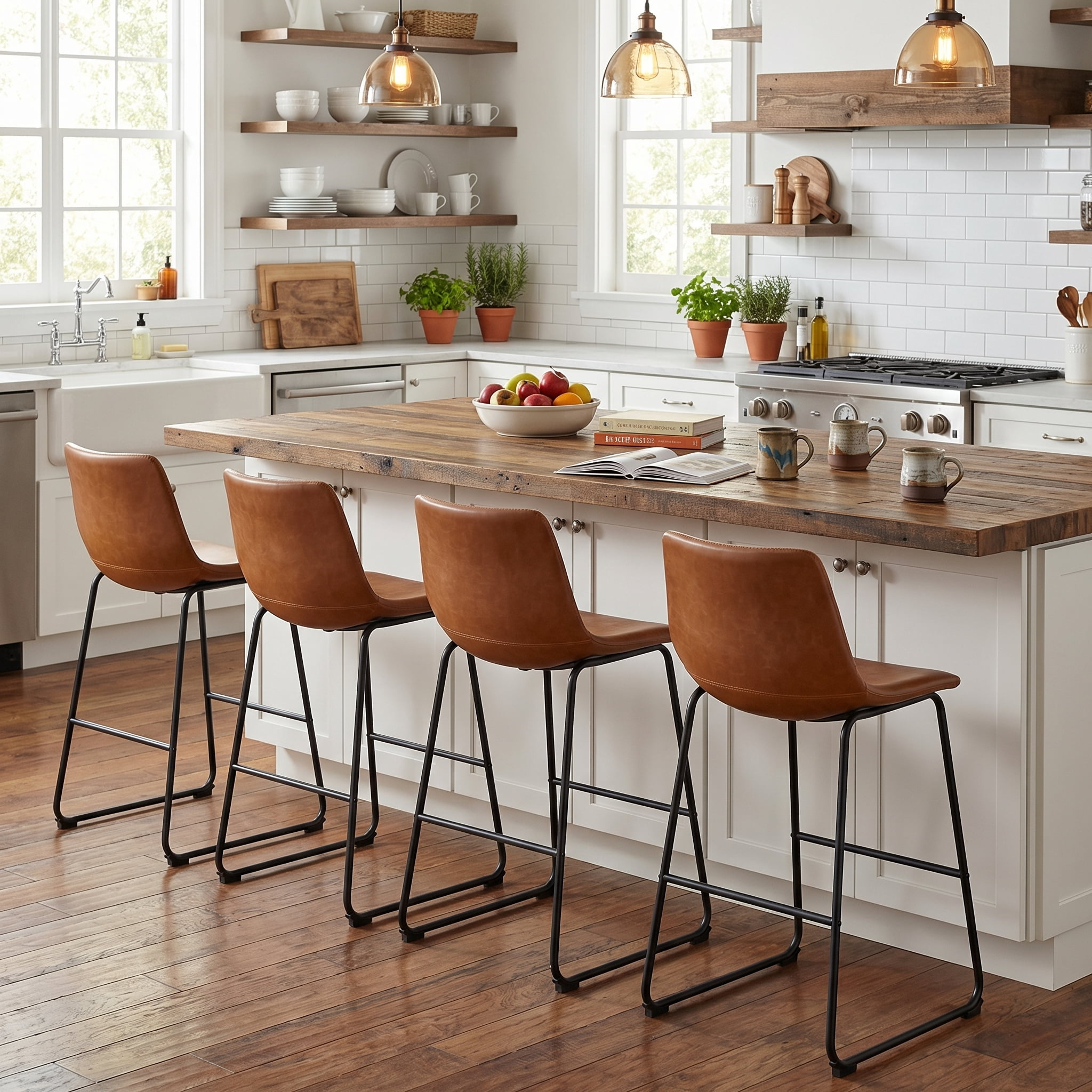 Waleaf 26 inch Bar Stools Set of 4,Counter Height Bar Stools with Back, Modern PU Leather Stools with Metal Leg and Footrest