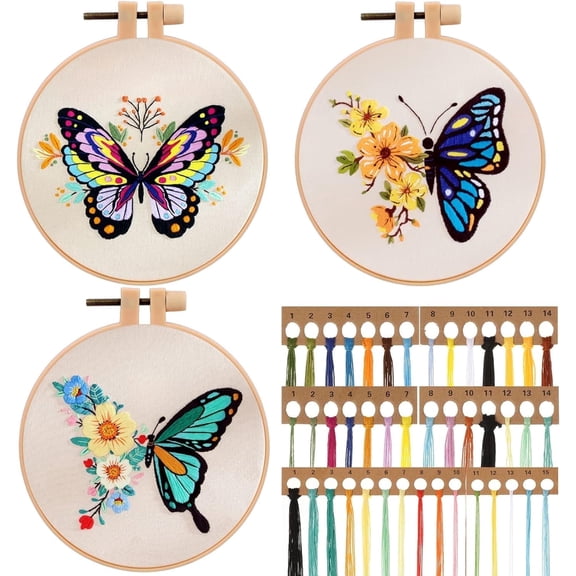 3 Pack Embroidery Kit for Beginners, Sewing Cross Stitch Starter Set Craft Stamped Cloth with Butterfly Flower Pattern Hoops Threads and Needles