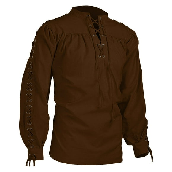 Ploknplq Men's Leisure Pirate Shirt Medieval Renaissance Relaxed Fit Hip Length Poet Collar Long Sleeve Lacing Coffee S